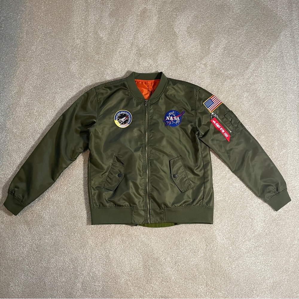 NASA Asstseries Military Bomber Jacket Men L Army Green Pockets Full Zip Lined